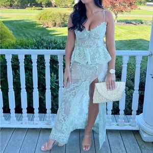 V.Chapman Ophilia Gorgeous high slit, sage lace gown